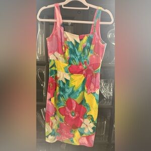 Donna Morgan Strapless Floral Sheath Dress in Pink, Yellow & Teal